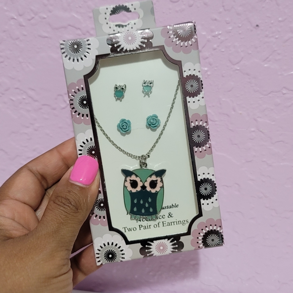 Turquoise Owl Pendant 18in Silver Tone Necklace Set With Rose Earrings